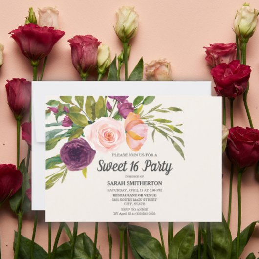 Carte Aquarelle rose violet rose-pourpre Floral Sweet 16