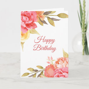 Carte Aquarelle Roses et pivoines Anniversaire féminin