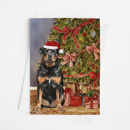 Carte Aquarelle Rottweiler sous l'arbre de Noël