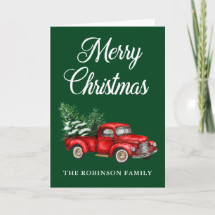 Carte Aquarelle Rouge Camion Joyeux Noël Vert Plier