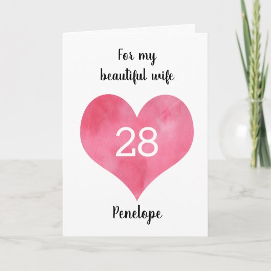Carte Aquarelle rouge Coeur 28e anniversaire (Devant)