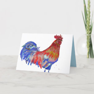 Carte Aquarelle rouge et bleu au poulet Cockerel