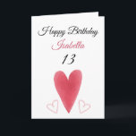Carte Aquarelle rouge mignonne Coeur long 13e anniversai<br><div class="desc">Aquarelle rouge mignonne Long coeur 13e anniversaire, un design d'anniversaire mignon fait pour toute petite-fille. Si vous cherchez de jolies cartes d'anniversaire de petite-fille, des cartes d'anniversaire d'adolescent ou des cartes d'anniversaire de treizième, celle-ci est pour vous. Le design comporte quelques coeurs d'aquarelle mignonnes, quelque chose d'attrayant et beau, alors...</div>
