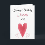 Carte Aquarelle rouge mignonne Coeur long 13e anniversai<br><div class="desc">Aquarelle rouge mignonne Long coeur 13e anniversaire, un design d'anniversaire mignon fait pour toute petite-fille. Si vous cherchez de jolies cartes d'anniversaire de petite-fille, des cartes d'anniversaire d'adolescent ou des cartes d'anniversaire de treizième, celle-ci est pour vous. Le design comporte quelques coeurs d'aquarelle mignonnes, quelque chose d'attrayant et beau, alors...</div>