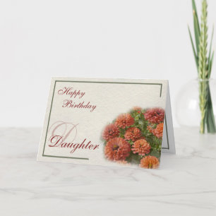 Carte Aquarelle Rouge & Orange Zinnias Fille Anniversair