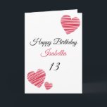 Carte Aquarelle rouge rayée Coeurs 13e anniversaire<br><div class="desc">Cute Red Striped Watercolor Hearts 13th Birthday, un design d'anniversaire mignon fait pour toute petite-fille. Si vous cherchez de jolies cartes d'anniversaire de petite-fille, des cartes d'anniversaire d'adolescent ou des cartes d'anniversaire de treizième, celle-ci est pour vous. Le design comporte quelques coeurs d'aquarelle mignonnes, quelque chose d'attrayant et beau, alors...</div>