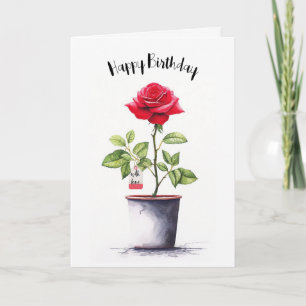 Carte Aquarelle rouge Rose d'anniversaire