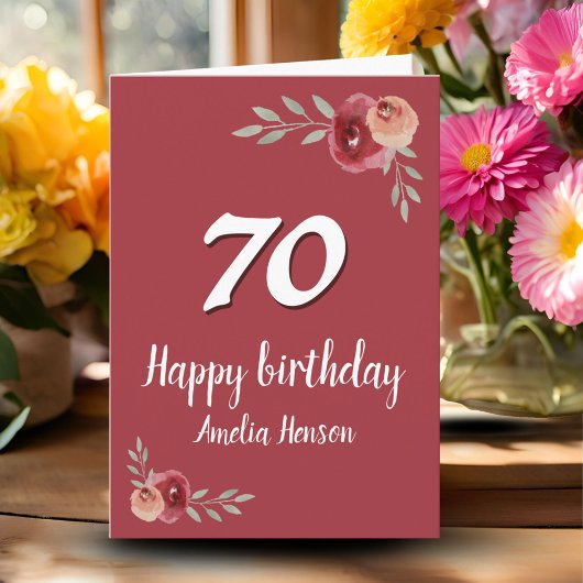 Carte Aquarelle rouge Rose Floral 70e anniversaire