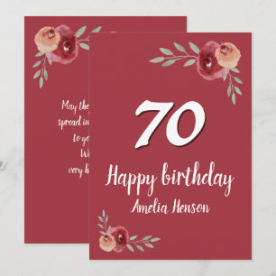 Carte Aquarelle rouge Rose Floral 70e anniversaire