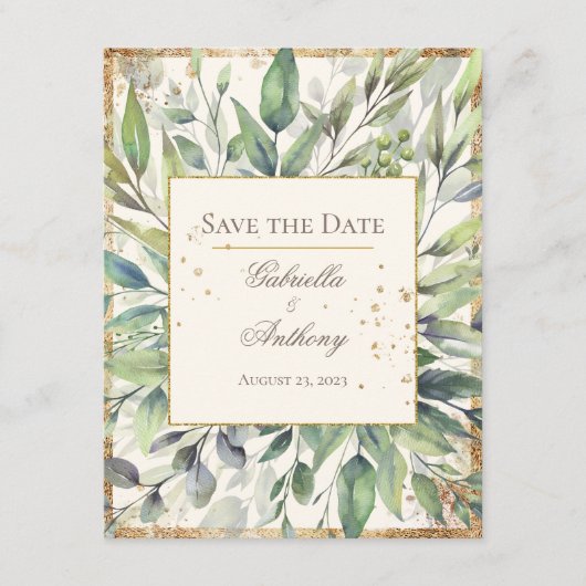 Carte Aquarelle Rustique Gold Green Enregistrer la date (Devant)