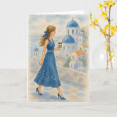 Carte Aquarelle Santorin Grèce (Fleur jaune)