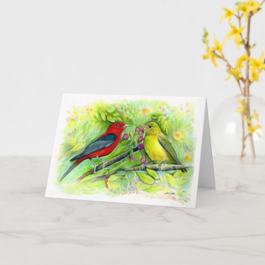 Carte Aquarelle Scarlet Tanagers Joyeux anniversaire (Fleur jaune)