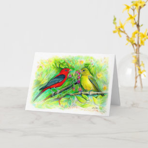 Carte Aquarelle Scarlet Tanagers Joyeux anniversaire