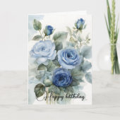 Carte Aquarelle sophistiquée Bleu Roses Joyeux anniversa (Devant)