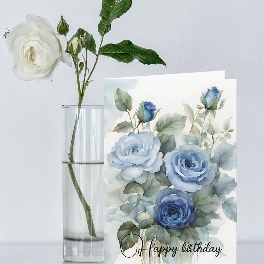 Carte Aquarelle sophistiquée Bleu Roses Joyeux anniversa