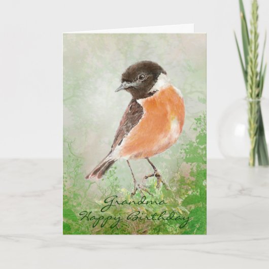 Carte Aquarelle Stonechat Bird Joyeux Anniversaire Grand (Devant)