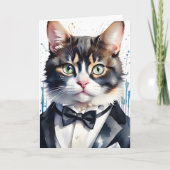 Carte Aquarelle Tabby Cat dans une Cravate Tuxedo et Bla (Devant)