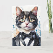 Carte Aquarelle Tabby Chat dans le gilet Tuxedo Cravate (Devant)