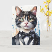 Carte Aquarelle Tabby Chat dans le gilet Tuxedo Cravate  (Fleur jaune)