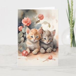 Carte Aquarelle Tabby Chatons Fleurs de Nourrissement Bl