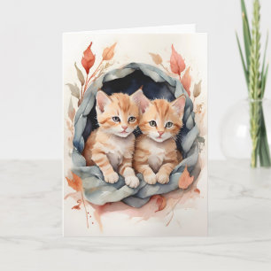 Carte Aquarelle Tabby Kittens Meilleurs Pals Fleurs Blan
