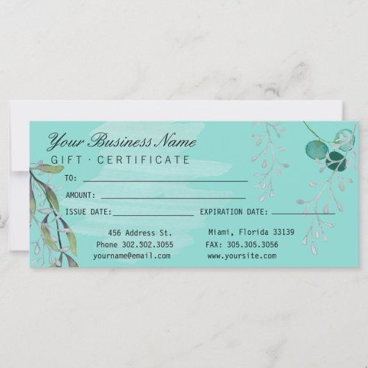 Carte Aquarelle Turquoise Blue Eucalyptus Salon (Devant)