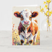 Carte Aquarelle Vache d'anniversaire portant un Casquett (Fleur jaune)