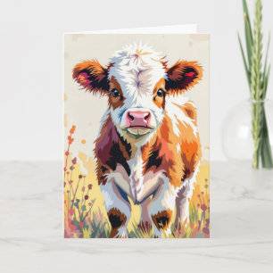 Carte Aquarelle Vache d'anniversaire portant un Casquett