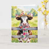 Carte Aquarelle Vache d'anniversaire portant un Casquett (Fleur jaune)