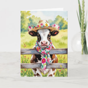 Carte Aquarelle Vache d'anniversaire portant un Casquett