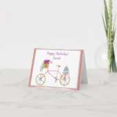 Carte Aquarelle Vélo Anniversaire Avec Fleurs & Gâteau (Devant)