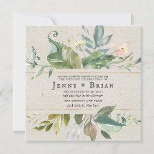 Carte Aquarelle verte   Mariage Carré rose