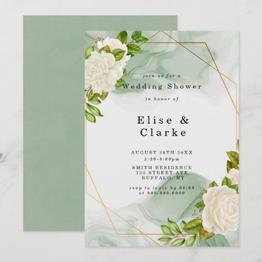 Carte Aquarelle verte Rose blanche Wedding shower Invita (Devant / Derrière)
