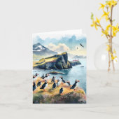 Carte Aquarelle Vik Islande Puffins (Fleur jaune)