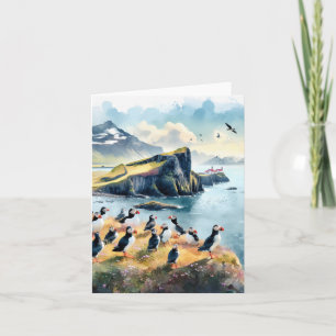 Carte Aquarelle Vik Islande Puffins