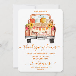 Carte Aquarelle Vintage Camion Thanksgiving Dîner
