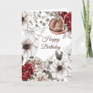 Carte Aquarelle vintage rouge Roses Florales Anniversair
