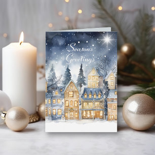 Carte Aquarelle Vintage Village Star Nuit