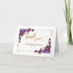 Carte Aquarelle violette rose chaud or Merci Floral