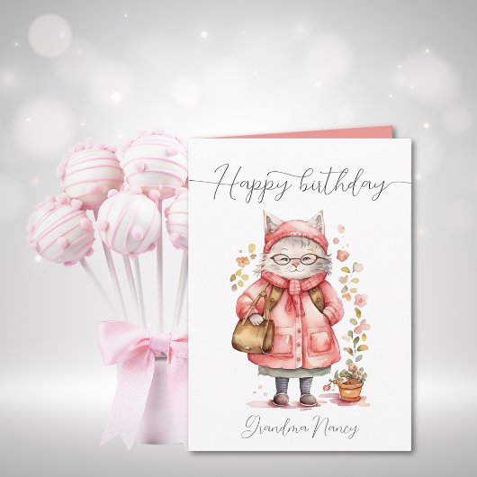 Carte Aquarelle Whimsical Grand-mère Chat Joyeux Anniver
