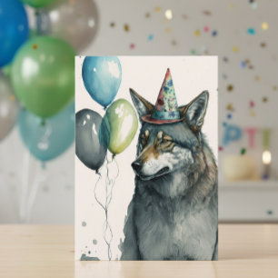 Carte Aquarelle Wolf avec ballons Anniversaire