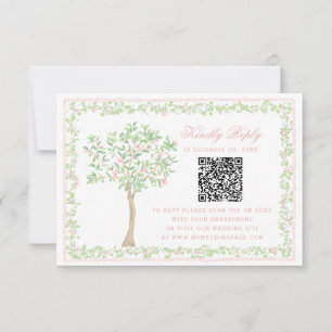 Carte Arbre Blush Sucré  Floral avec cadre RSVP  Code QR