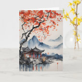 Carte Arbre d'automne et Temple Anniversaire (Fleur jaune)