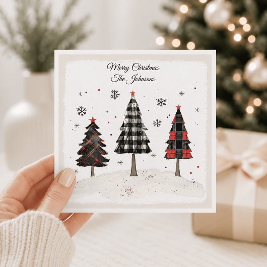 Carte Arbre de Noël à carreaux personnalisé avec nom de