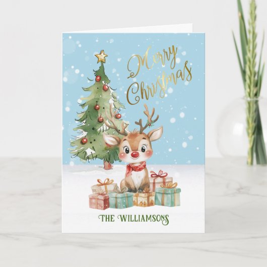 Carte Arbre de Noël aux rennes d'aquarelle mignonne (Devant)