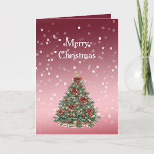 Carte Arbre de Noël avec rubans et points Bokeh rouges e