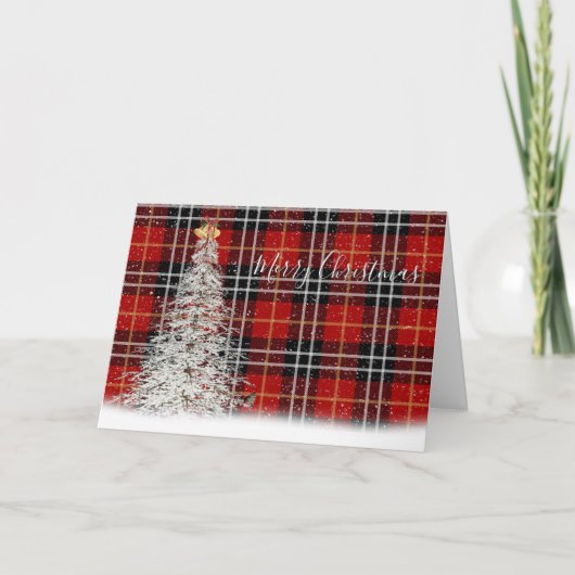 Carte Arbre de Noël blanc et cerf sur Tartan Plaid (Devant)
