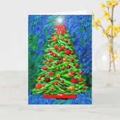 Carte Arbre de Noël - contre l'arrière - plan bleu/vert (Fleur jaune)