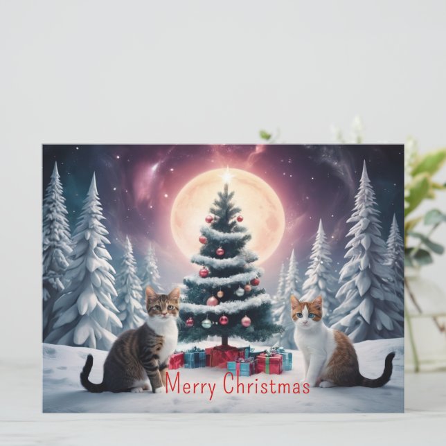 Carte Arbre de Noël couvert de neige avec chats (Debout devant)