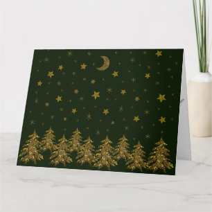 Carte Arbre de Noël en or brillant, lune, étoiles sur ve